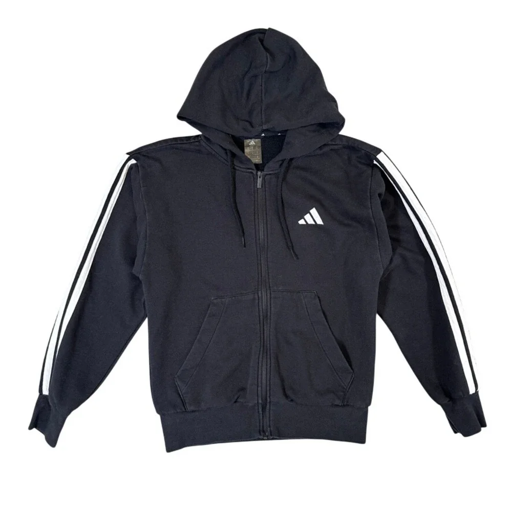 Adidas Mens Full Zip Hoodie Black Three Stripe Fleece Sweatshirt Small